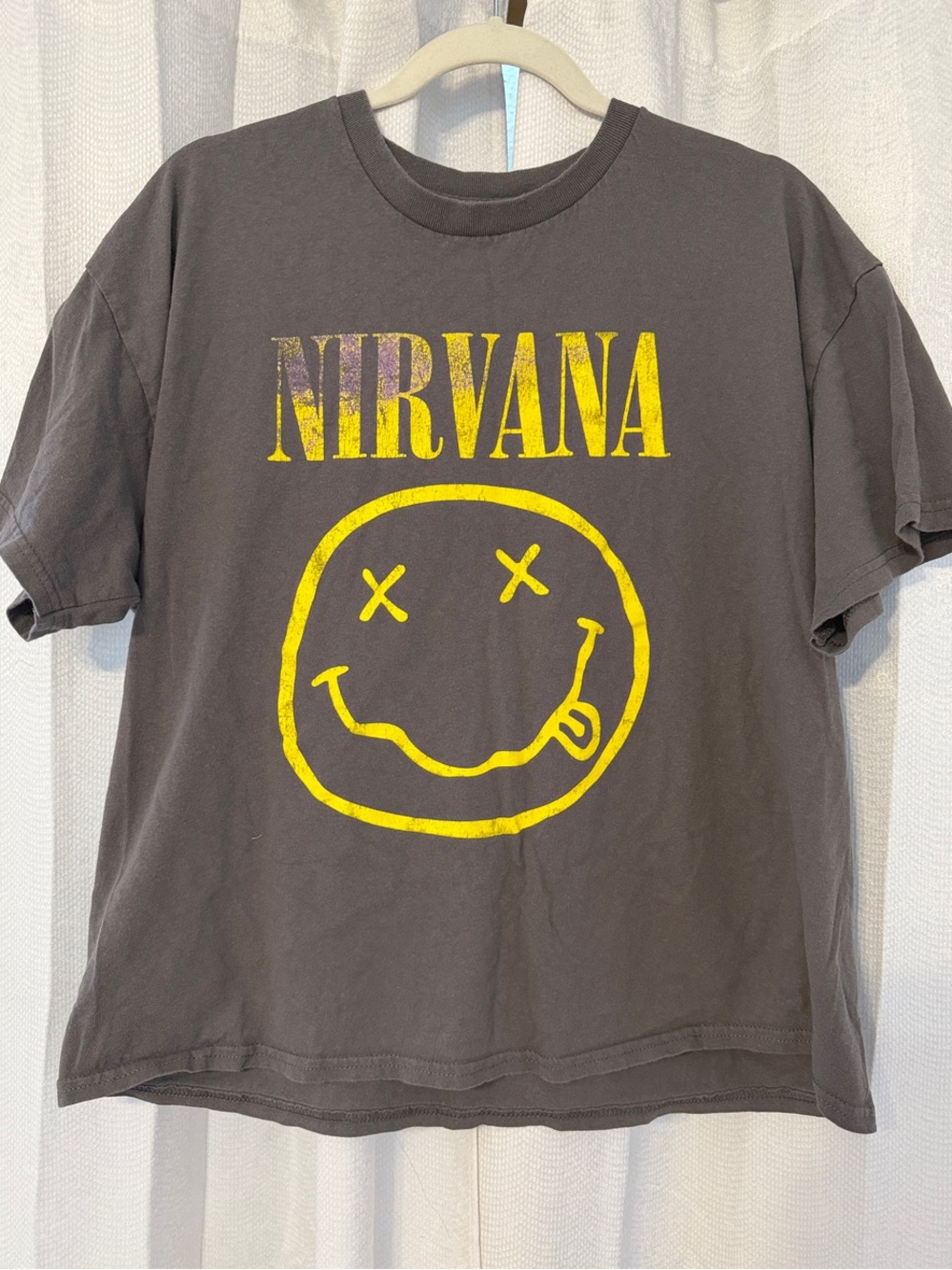 NIRVANA Gray Tee with Yellow Smiley Graphic